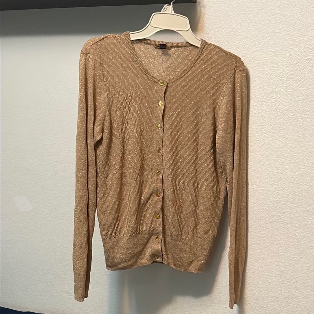 Dana Buchman Gold Metallic Crew Neck Knit Cardigan Sweater, Sz L 💛⚜️